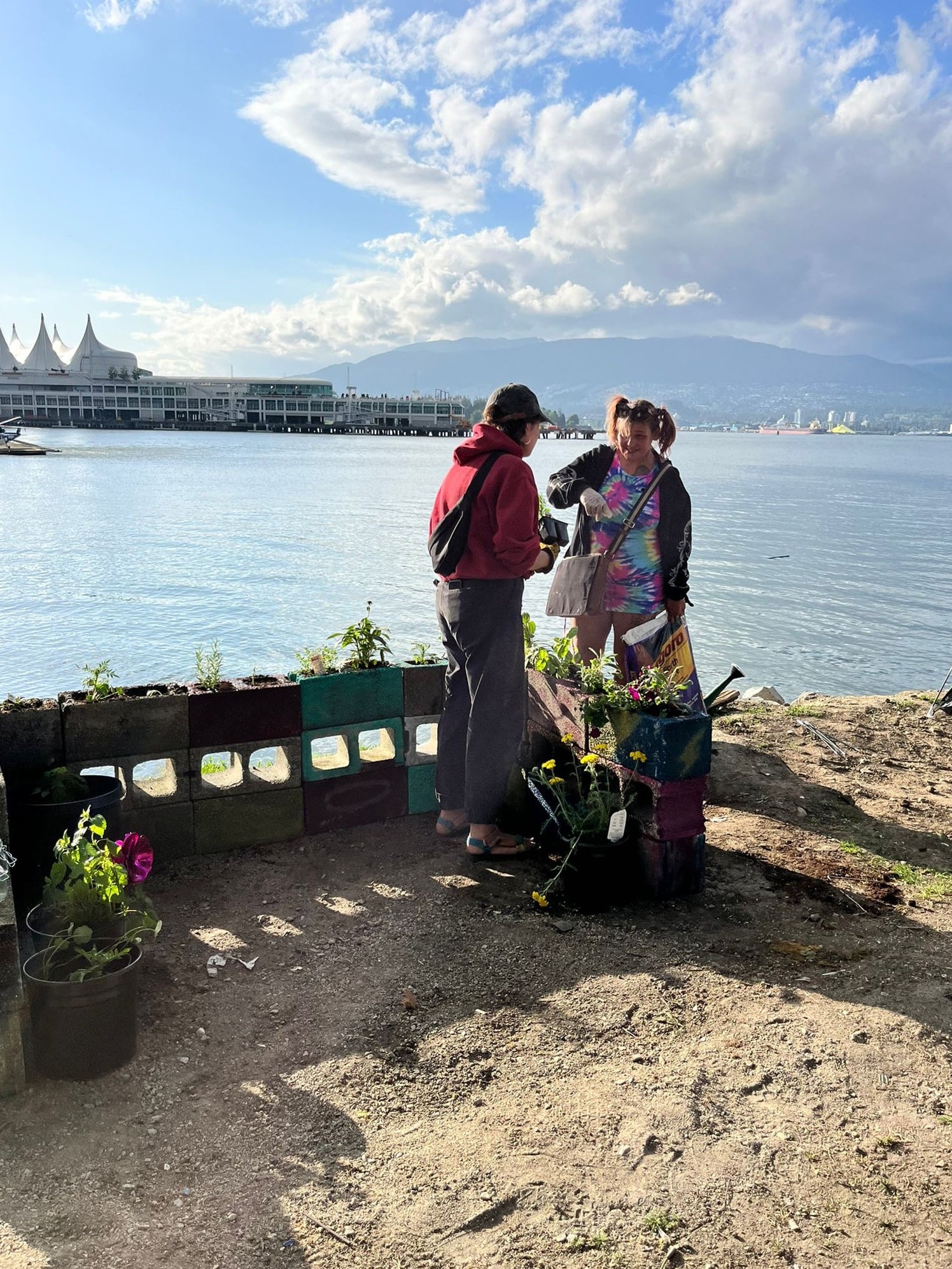 Figure 1: Ay'x community garden, designed and built by residents and volunteers of CRAB Park Tent City, May 2023. (Michelle Gagnon-Creeley)