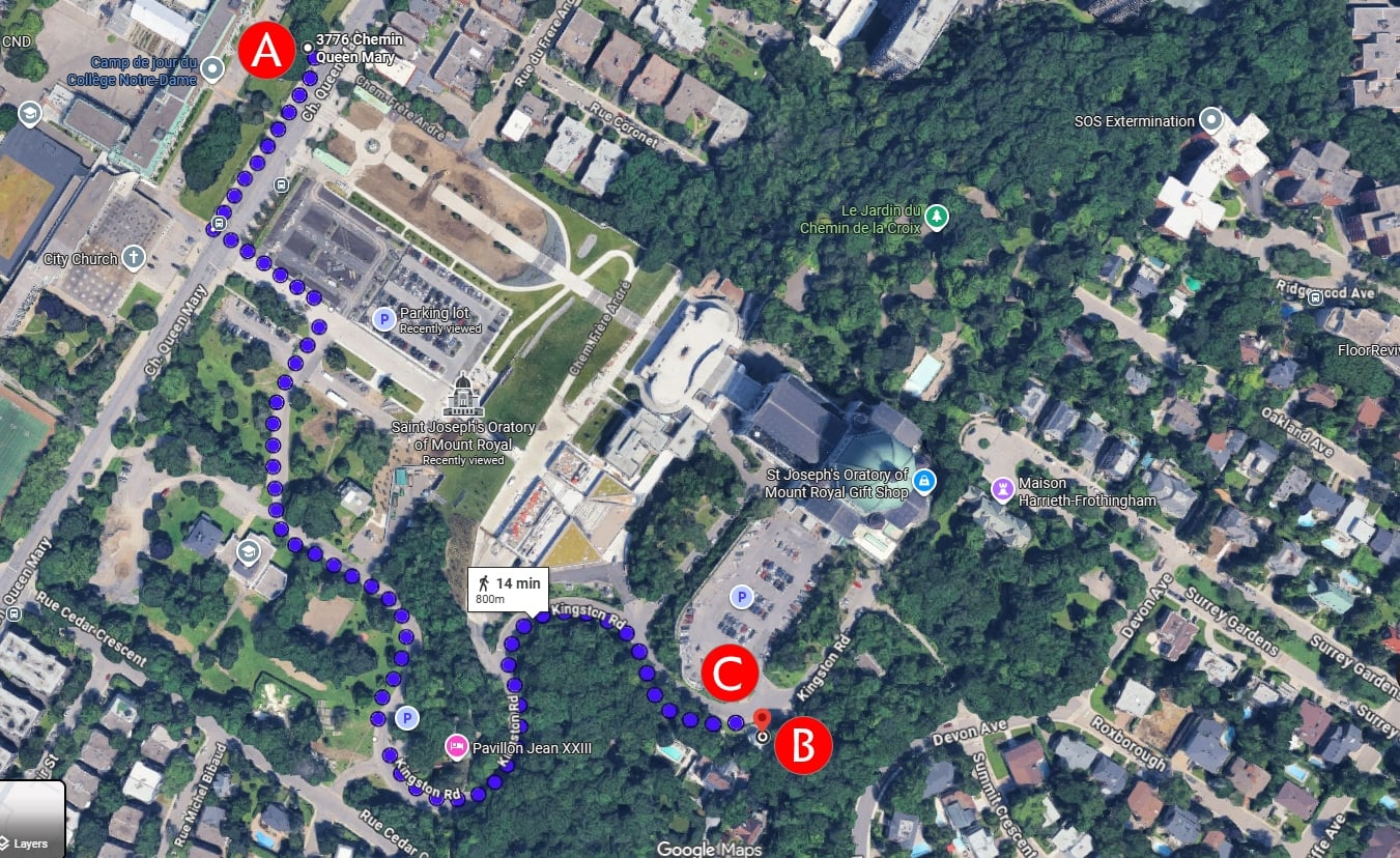 Figure 1: Map of workshop route. Screenshot from Google Maps. Accessed August 18, 2026. https://maps.google.com/.