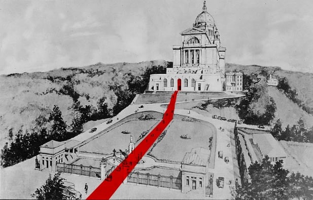 Figure 2: kinesthetic friction along the entry sequence. Base architectural plan by Viau et Venne, 1924. Source: Archives de l'Oratoire Saint-Joseph, © Oratoire Saint-Joseph du Mont-Royal. Graphic overlays by author.